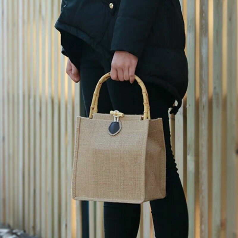 Jute Hessian Handle Bag Bamboo Horn Button Shopping Pouch Retro Natural image 10