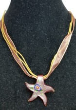 Red Art Glass Starfish Pendant, Millefiori, Gold/ Green Accents Necklace