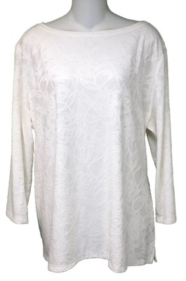 Laura Scott Sz XL White Jacquard Knit Top Boat Neck 3/4 Sleeve BN