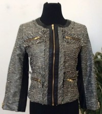 New Xoxo Women Shimmer Tweed Grey Black Leather Front Zip Cropped Jacket Size M