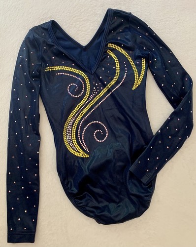 GK ELITE Ginnastica LEOTARD Competizione BLU Giallo STRASS BLING Taglia: AS - Foto 2 di 7