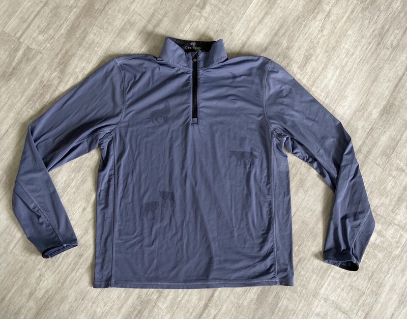 Mens Greyson Golf 1/4 Zip Pullover Gray/Blue Wolves Moon Print VGUC L