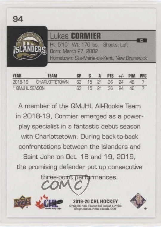 2019-20 Upper Deck CHL Gold Glossy Lukas Cormier #94 - Image 2 of 2