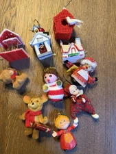 Vintage Lot  Of Christmas Ornaments Kitsch Flock Blow Mold Needlepoint Wood