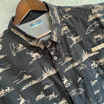 Columbia 2XL BD Shirt Mens ShortSleeve Black Vented Back Wilderness Deer Pattern
