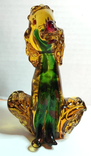 Vintage Murano Style Art Glass Amber Green Curly Haired Poodle Figurine 6"