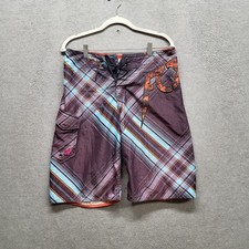 Fox Men Shorts 30 Purple Board Shorts Plaid Large R Logo Drawstring 11" Inseam