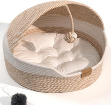 Cat Basket Bed with Washable Cushion and Ball Rope Cotton, Covered Pet Bed for I