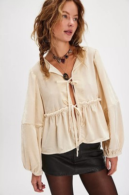 Free People Brunch Babe Samt Bluse Creme Gr. L NEU