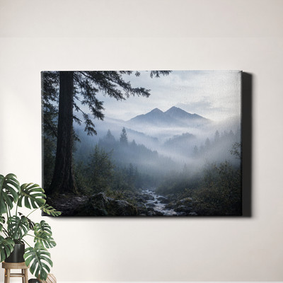 Misty mountain forest stream landscape Canvas Art foggy mountain creek view