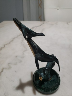 SPI Gallery Humpback Whale &calf Baby Art Classic Solid Brass On Marble Base 7''