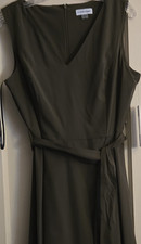 Calvin Klein Sleeveless V-Neck A-Line Midi Dress Olive Belt Size 10