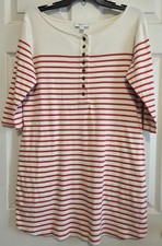 ON 34th Red Cream Striped Knit Dress Henley Button Front 3/4 Sleeve Cotton. Sz M