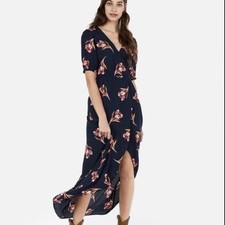Express Floral V-Neck Short Sleeve Wrap High Low Maxi Dress Size L Navy Red 