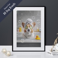 Funny Dog in Bath Print – Quirky Pet Lover Gift Bathroom Wall Art – 80 Breeds