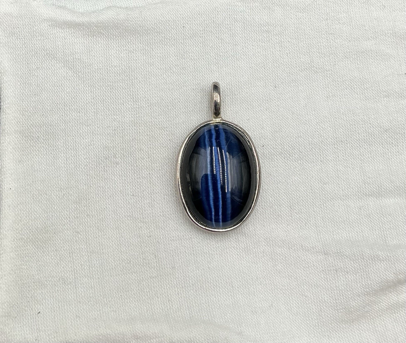 Blue Tiger's Eye Oval Gemstone Pendant Boho Silver Tone Charm for Her Gift