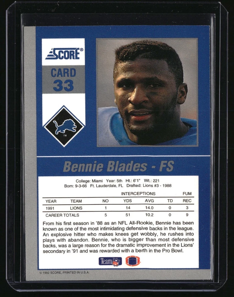 1992 Score #33 Bennie Blades Gridiron Stars - Image 2 of 2