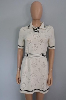 Louis Vuitton Ecru/Navy Contrast Accent Openwork Knit Dress Size XS