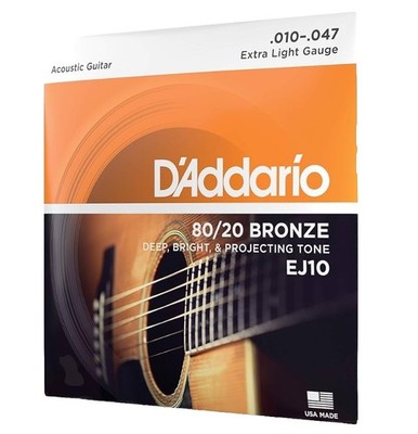(3) D'Addario EJ10 80/20 Bronze acoustic guitar strings, Extra Light .010-.047