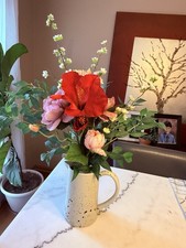Artificial Silk Rose & Hibiscus Arrangement in Speckled Pitcher Vase