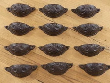 12 CUP PULLS DRAWER CABINET BIN HANDLES RUSTIC VINTAGE CAST IRON BROWN FARMHOUSE