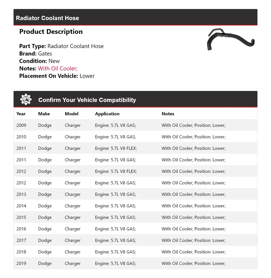 Нижние ворота шланга охлаждающей жидкости радиатора зарядного устройства для Dodge 2009-2019 годов выпуска 2010 2011 2012 годов выпуска - Изображение 2 из 3