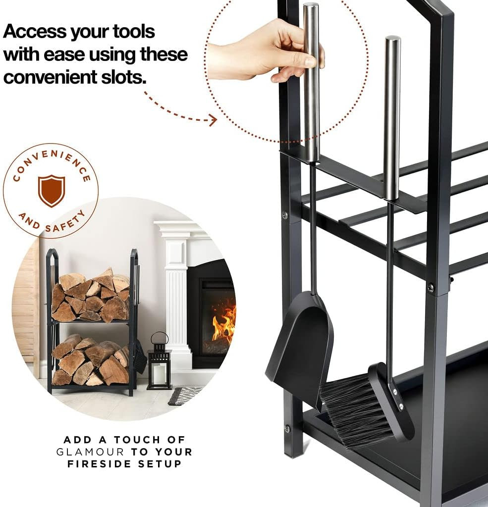 Firewood Rack Outdoor Indoor - 2-Tier Firewood Holder with Fireplace Tools Set,