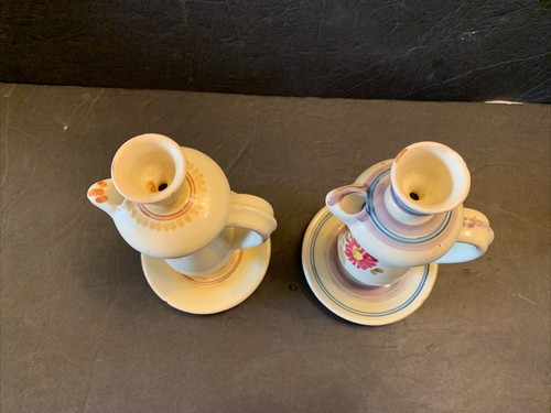 2 bougeoirs ZUBROD Grottaglie céramique fleurs fait main Italie RARE VTG - Photo 3/12