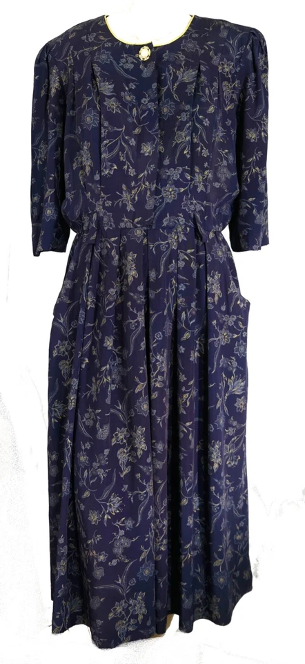 Vestido retro de día de secretaria vintage años 80 azul marino con bolsillos de acetato línea A M Foto 3 de 4