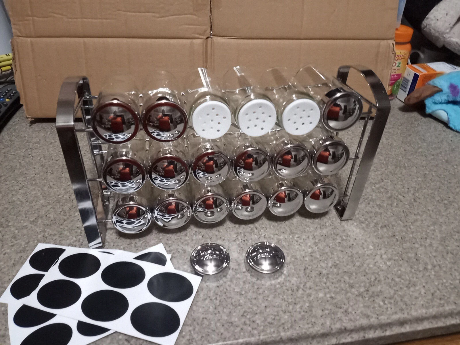 3 Tier Stackable Spice Holder Storage Rack with 18 Glass Empty Jars & 48 Labels