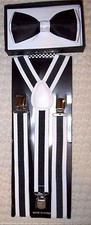 Black with White Tips Adjustable Bow Tie  Black White Stripes Suspenders Set-V1