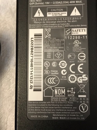 AC Adapter LG Innotek Model PSAB-L101A 100-240V 50-60 Hz Length is 123 Inches - Picture 4 of 10