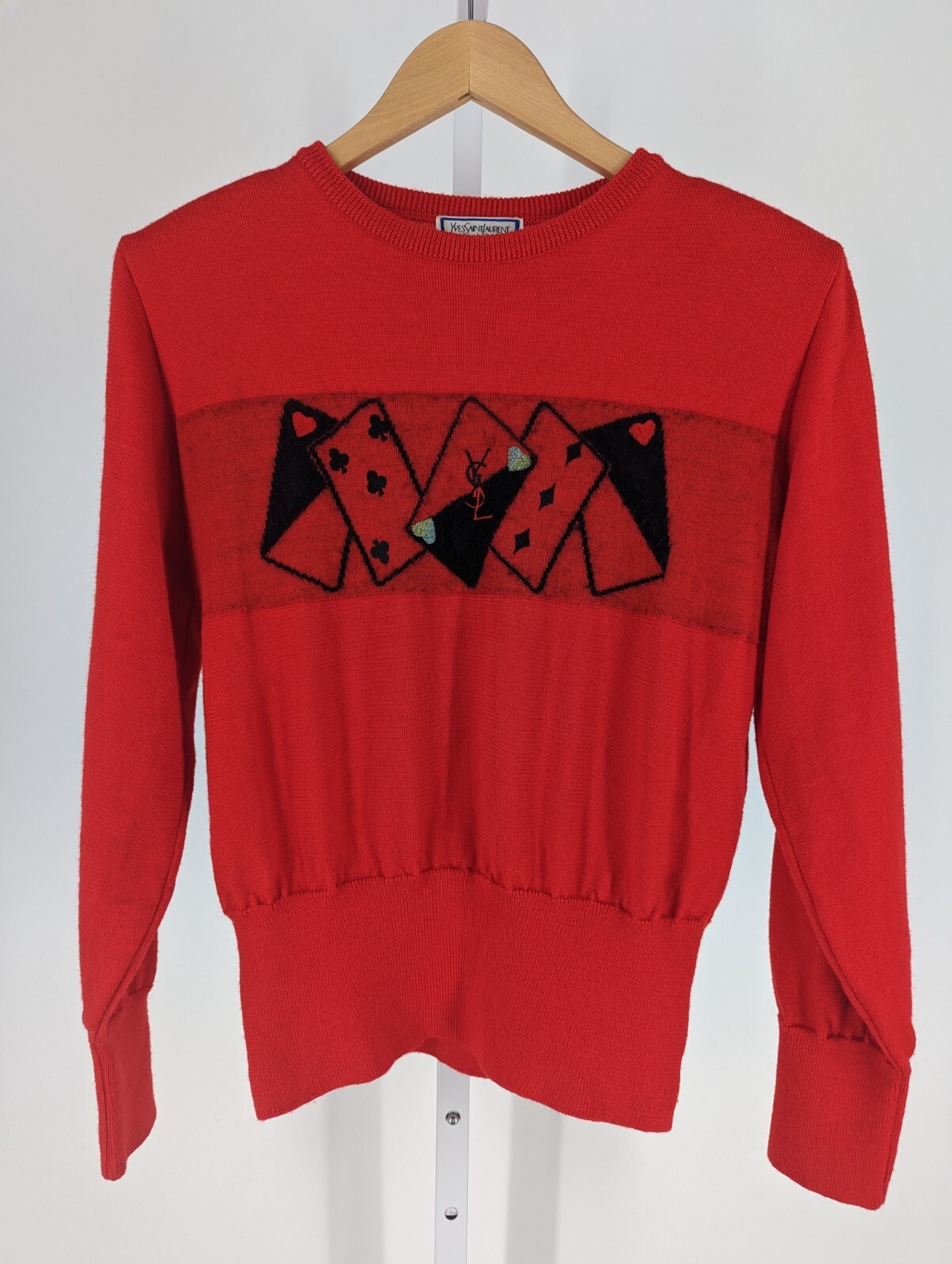 Maglione Yves Saint Laurent Maglia Vintage Anni '90 Carte Poker Logo Rosso Rive Sinistra