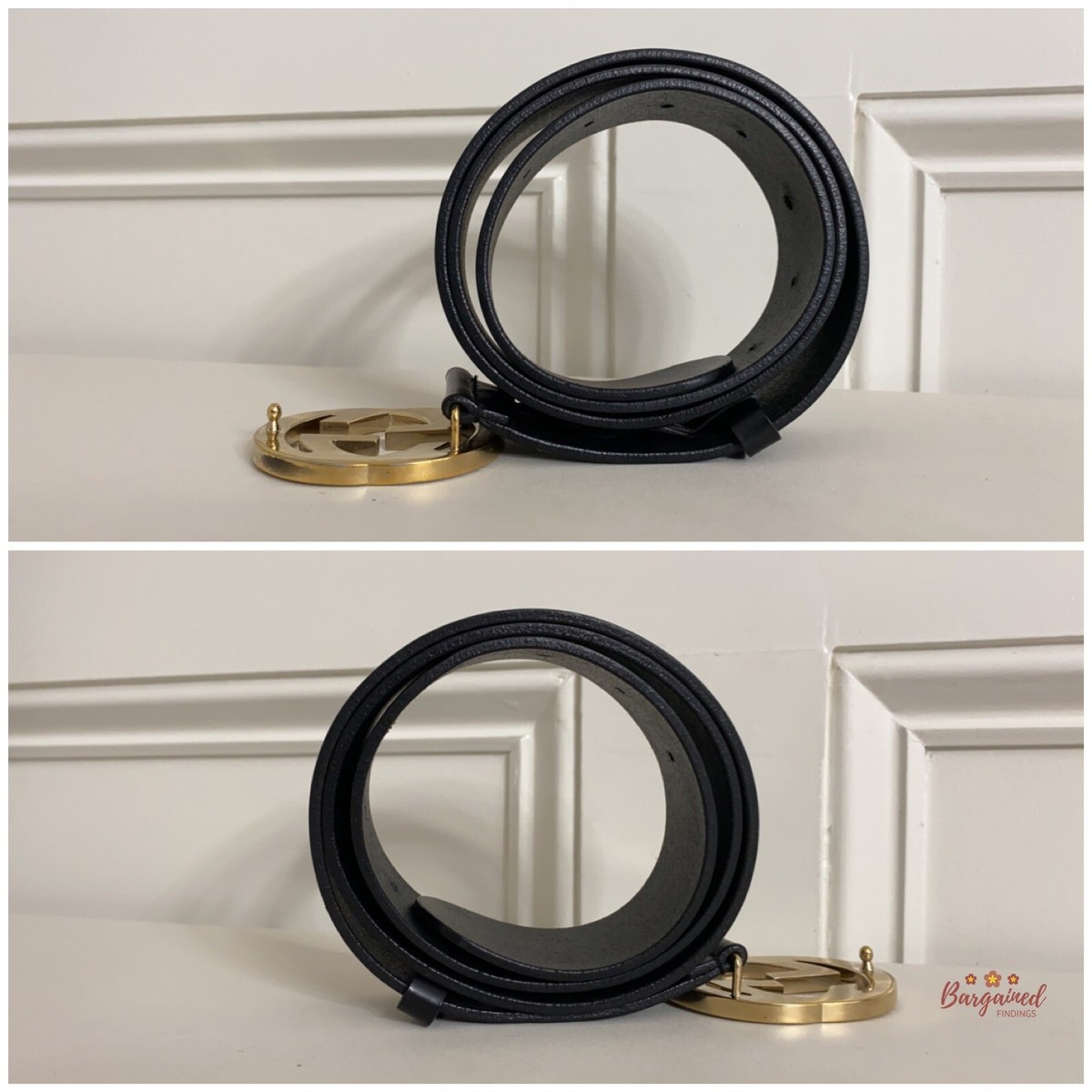 Authentic Gucci Black Calfskin Leather Gold Interlocking G Buckle