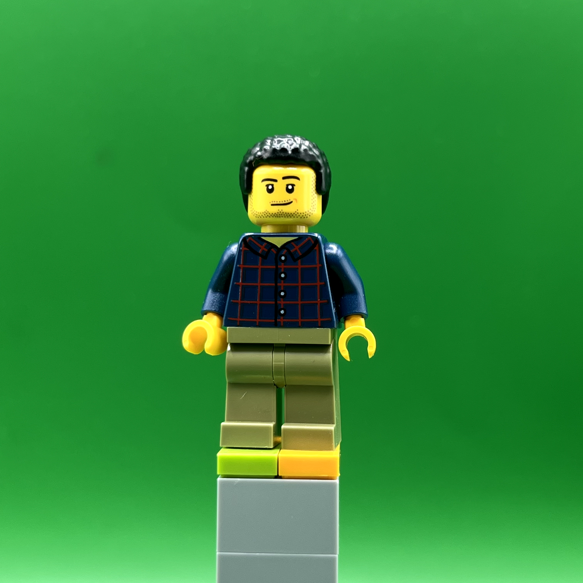 LEGO City Minifigure Dad Dark Blue Plaid Button Shirt, Olive