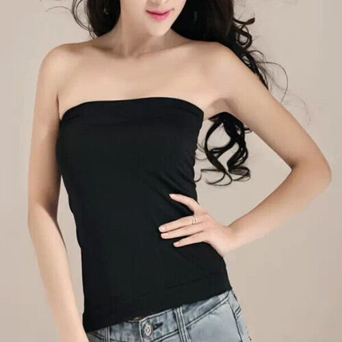 Womens Plain Strapless Sleeveless Long Boob Tube Ladies Bandeau Top Summer Vest - Picture 1 of 32