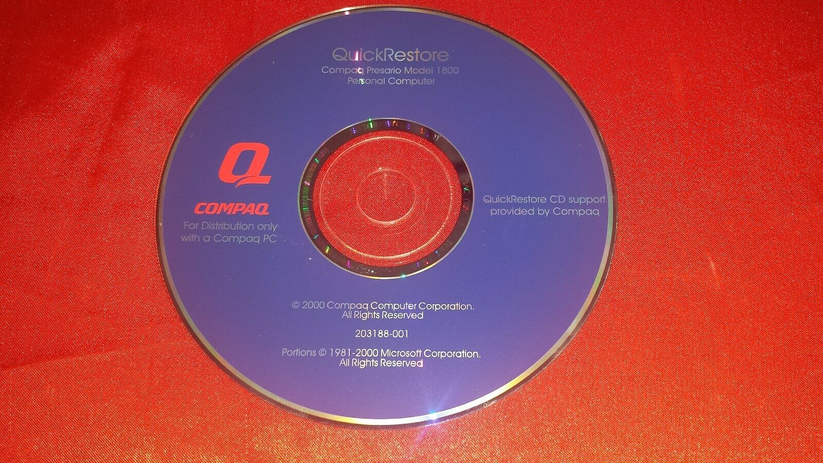 Genuine Compaq Presario Model 1800 CD1 203188-001 Quick Restore Disk