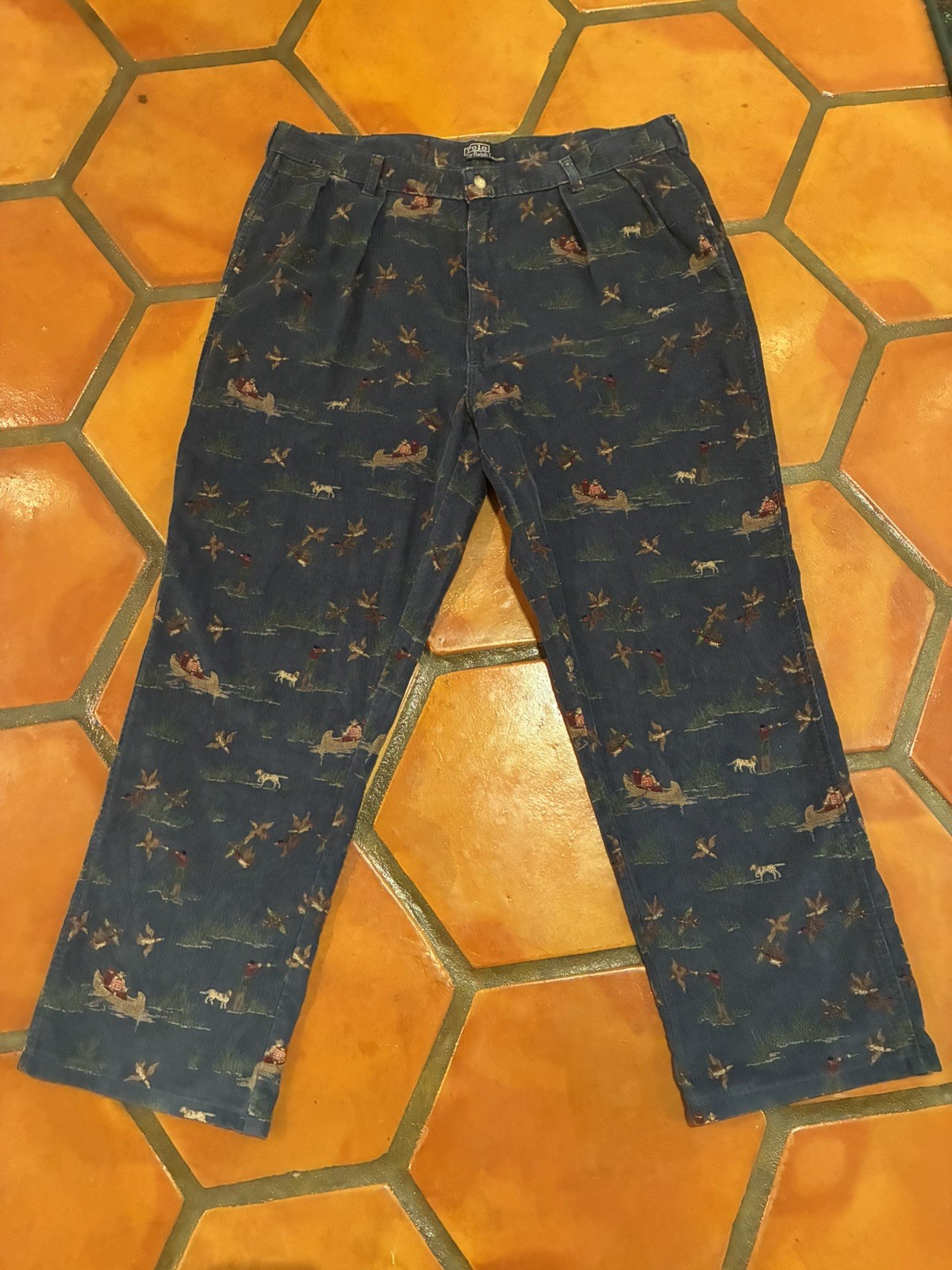 Vintage Polo Ralph Lauren Corduroy Pants Mens 38x32  Navy Hunting Dog Duck USA
