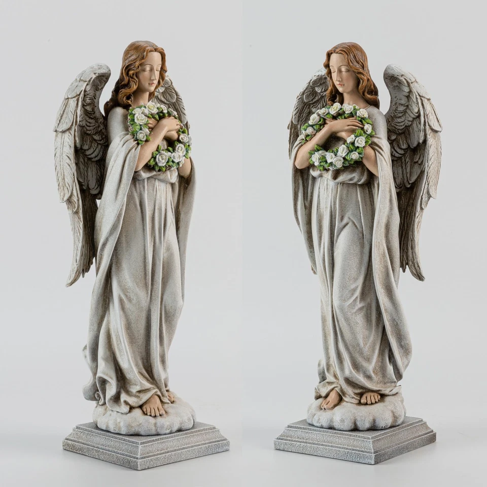 Ángel de jardín con corona de flores estatua - 16" decoración de ángel conmemorativo al aire libre Foto 4 de 4