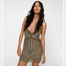 NWT Nasty Gal Studded Lace Trim Slip Dress - Olive - Size 8