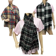 3 Plaid Shawl Scarf Wrap Lot With Sweater Feel & Fringe Warm Shaw Winter Cold
