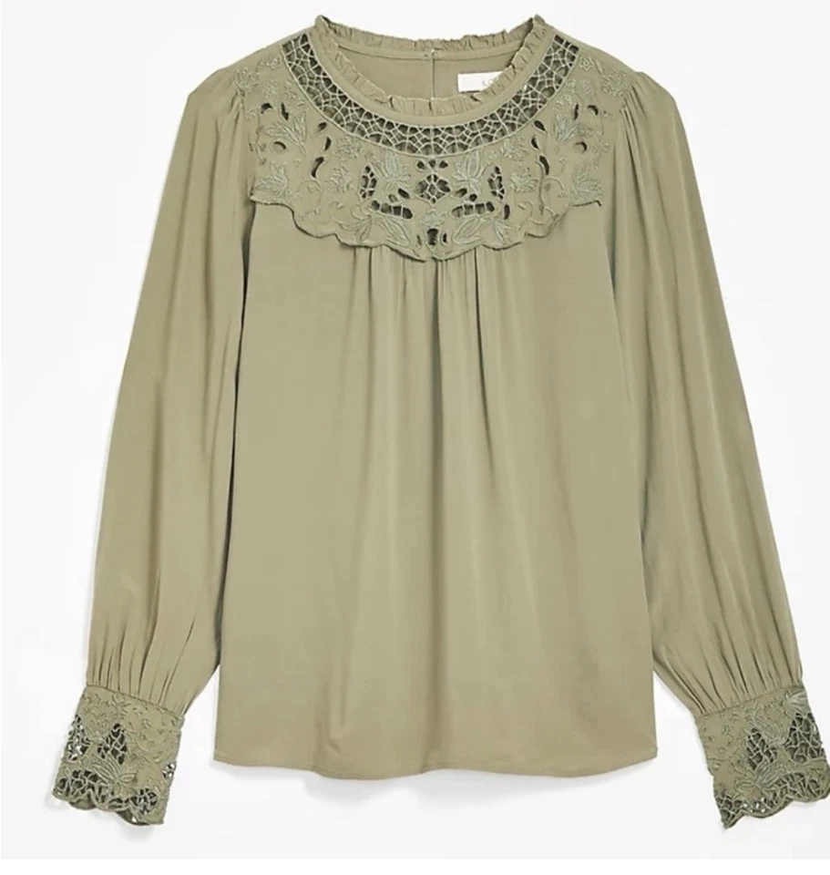 Blusa LOFT Para Mujer Encaje Yugo Mujer Talla XL Mangas Largas Boho Romántica Oliva Foto 2 de 4