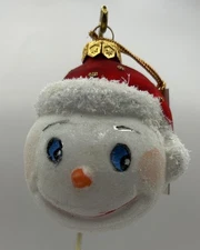 Flocked Snowman Head Red Hat Textured Trim Mouthblown Glass Ornament Ukraine COA