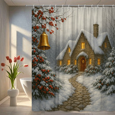 Christmas Winter Shower Curtain - Snowy Cottage Scene