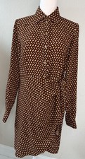 Michael Kors Geometric Print Shirt Dress Brown Long Sleeve Tie Waist Women's
