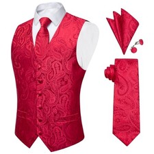 Mens Paisley Vest Silk Sleeveless Suit Vest and Neck Tie Pocket Large 06 Red