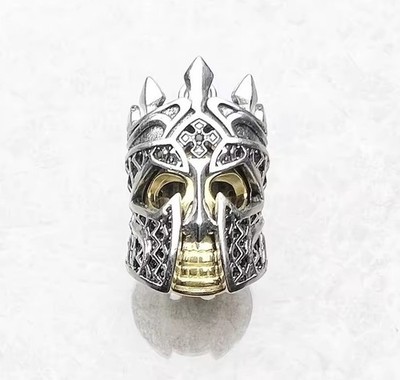 Ornate Helmet Golden Skull .925 Sterling Silver Inlaid Stones Medieval Pendant