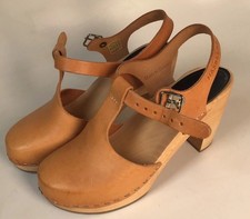 Swedish Hasbeens Clogs Womens 36 Brown Leather T Strap Heel Platform Y2K
