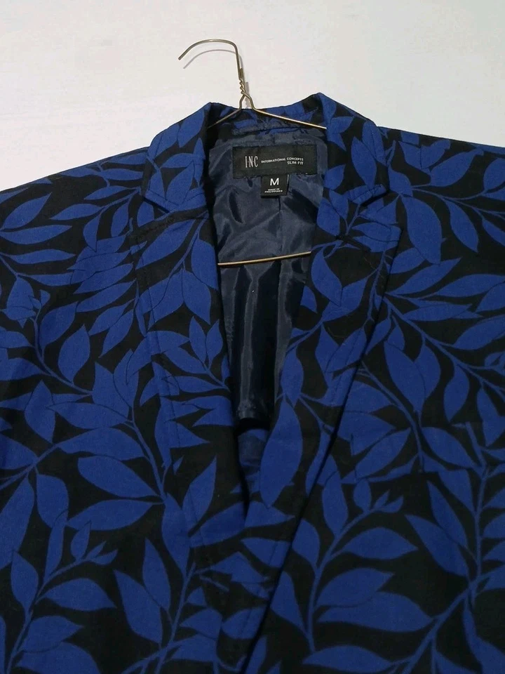 Chaqueta Blazer INC International Concepts Calce Ajustado Para Hombre Mediana Negra Azul Hojas Foto 3 de 4