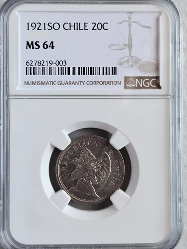 Chile 20 Centavos 1921SO NGC MS 64